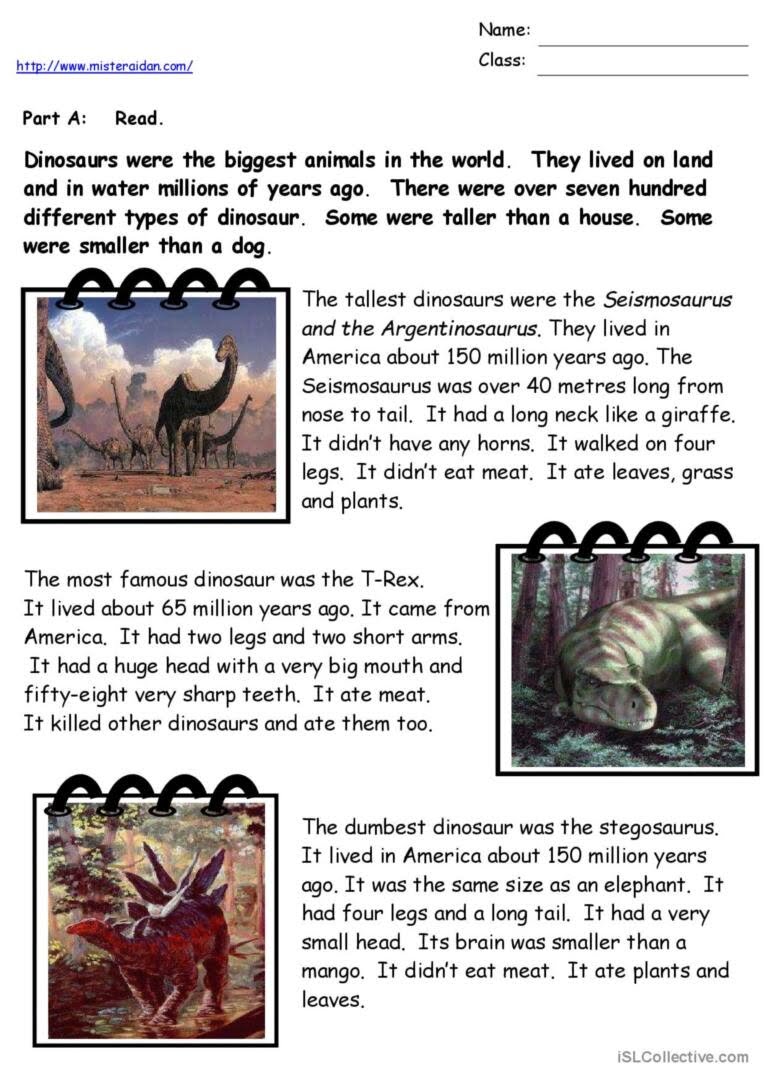 Free Dinosaur Reading Comprehension Worksheets