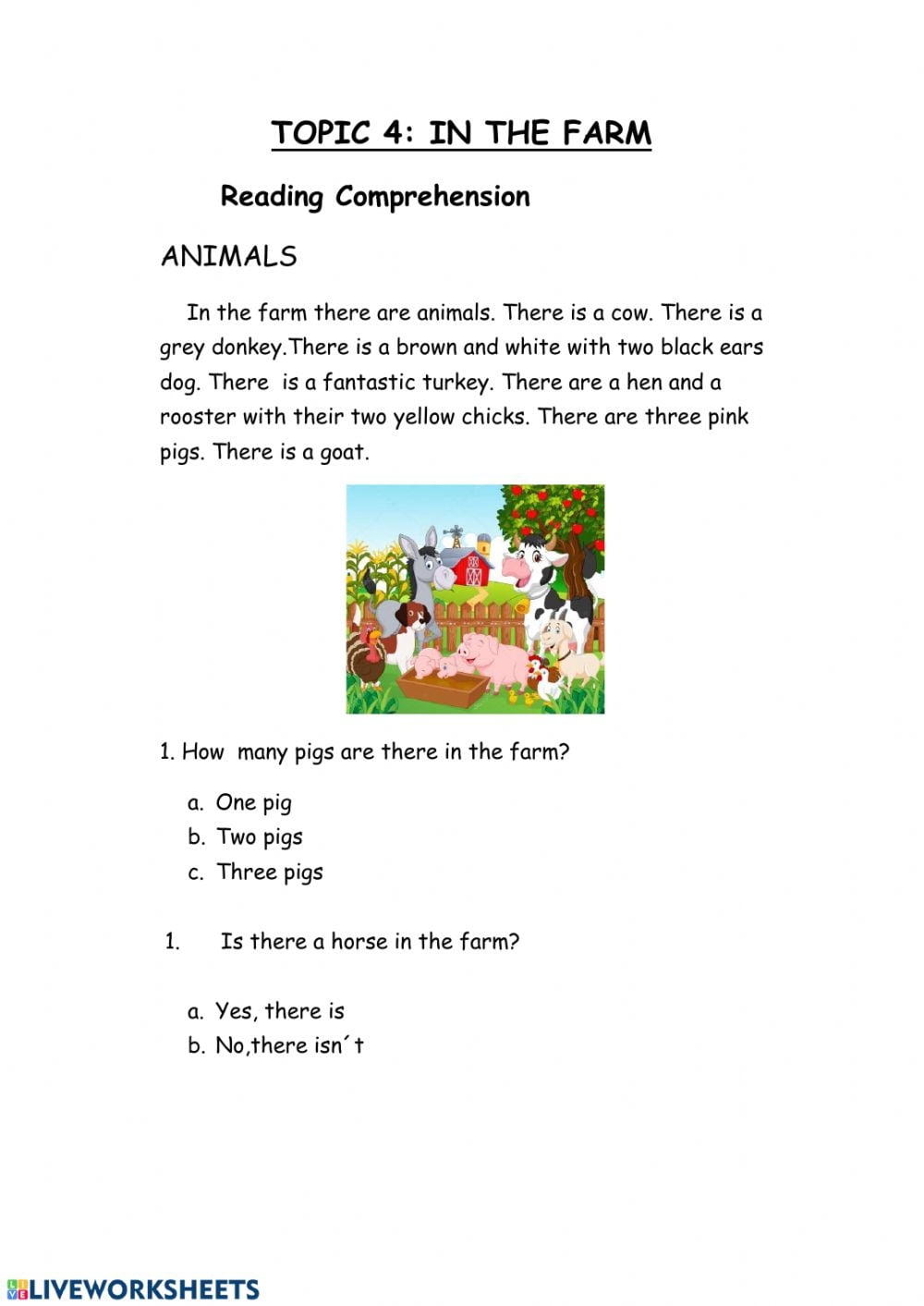 Farm Animals Reading Comprehension Worksheet