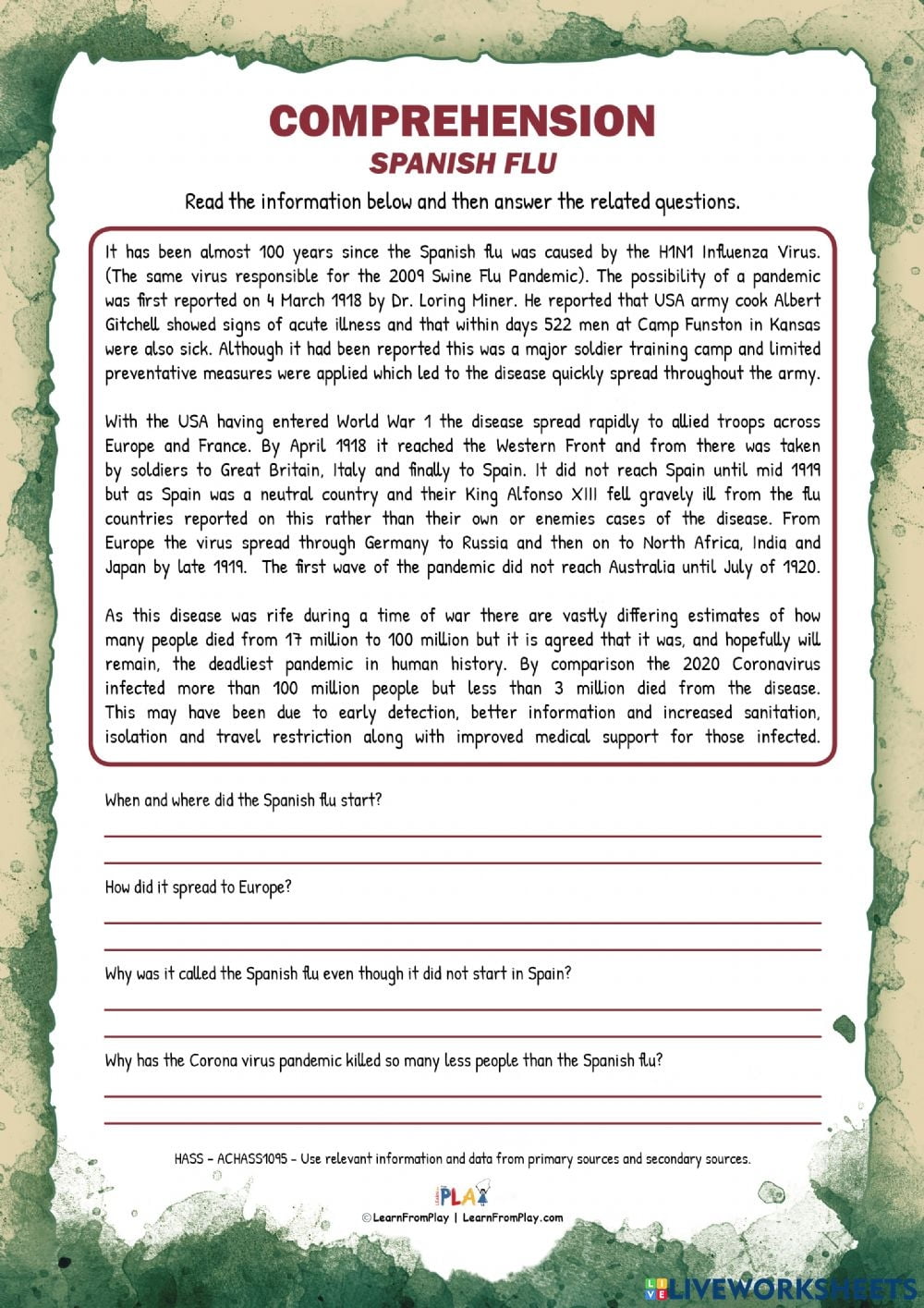 Basic Spanish Reading Comprehension Worksheets