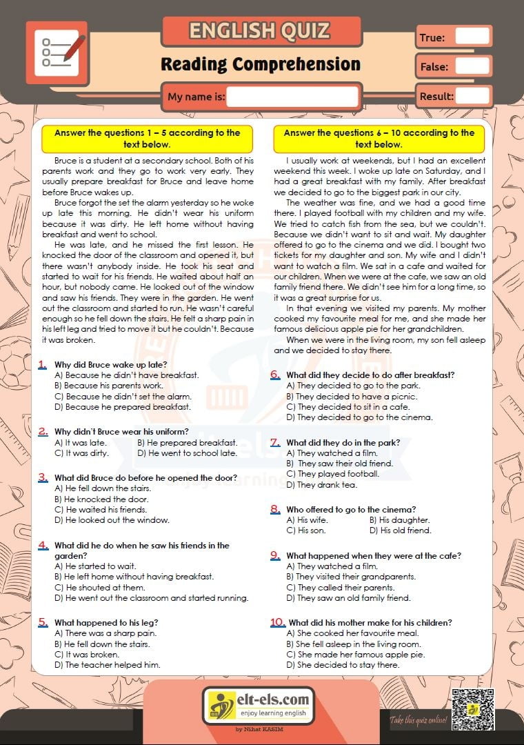 Reading Comprehension Multiple Choice Test