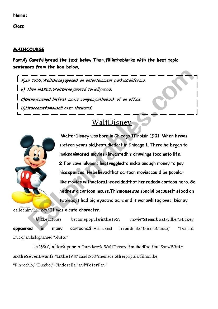 Disney Reading Comprehension Worksheets