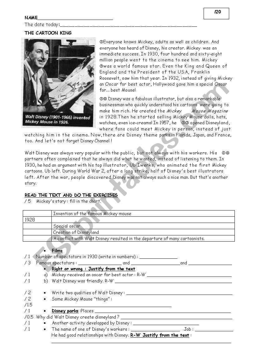 Walt DISNEY Reading Comprehension ESL Worksheet By Neline