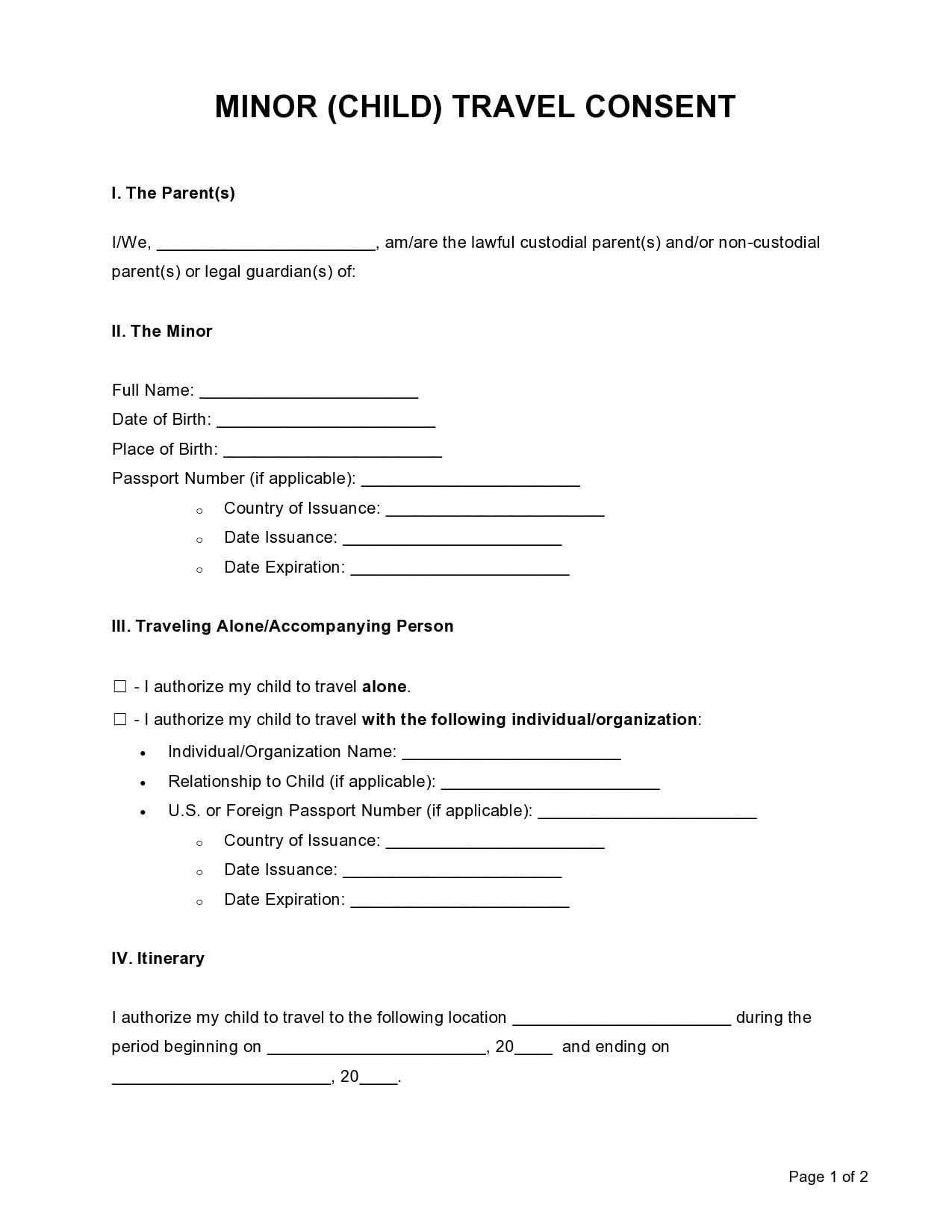 Free Printable Travel Consent Form