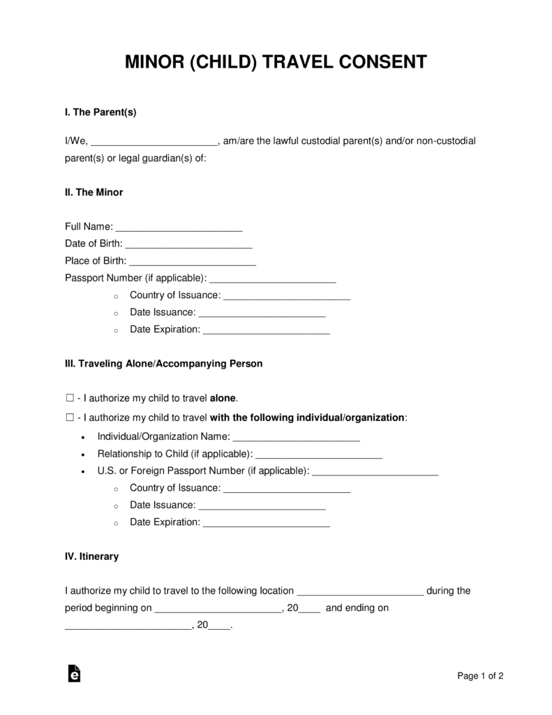 Free Printable Travel Consent Form