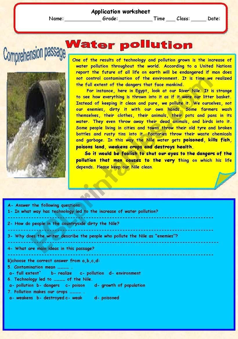 Water Pollution Reading Comprehension Worksheets