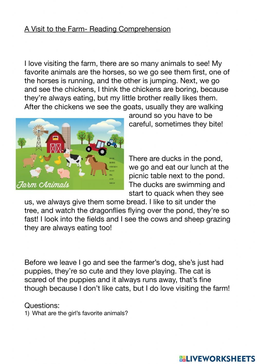Farm Reading Comprehension Worksheets
