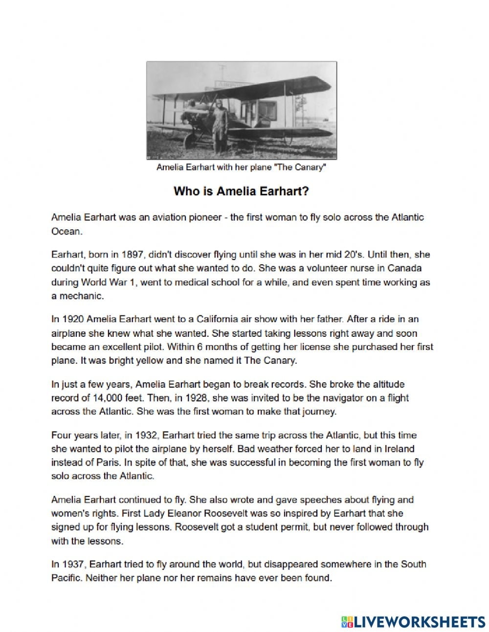 Amelia Earhart Reading Comprehension Worksheets