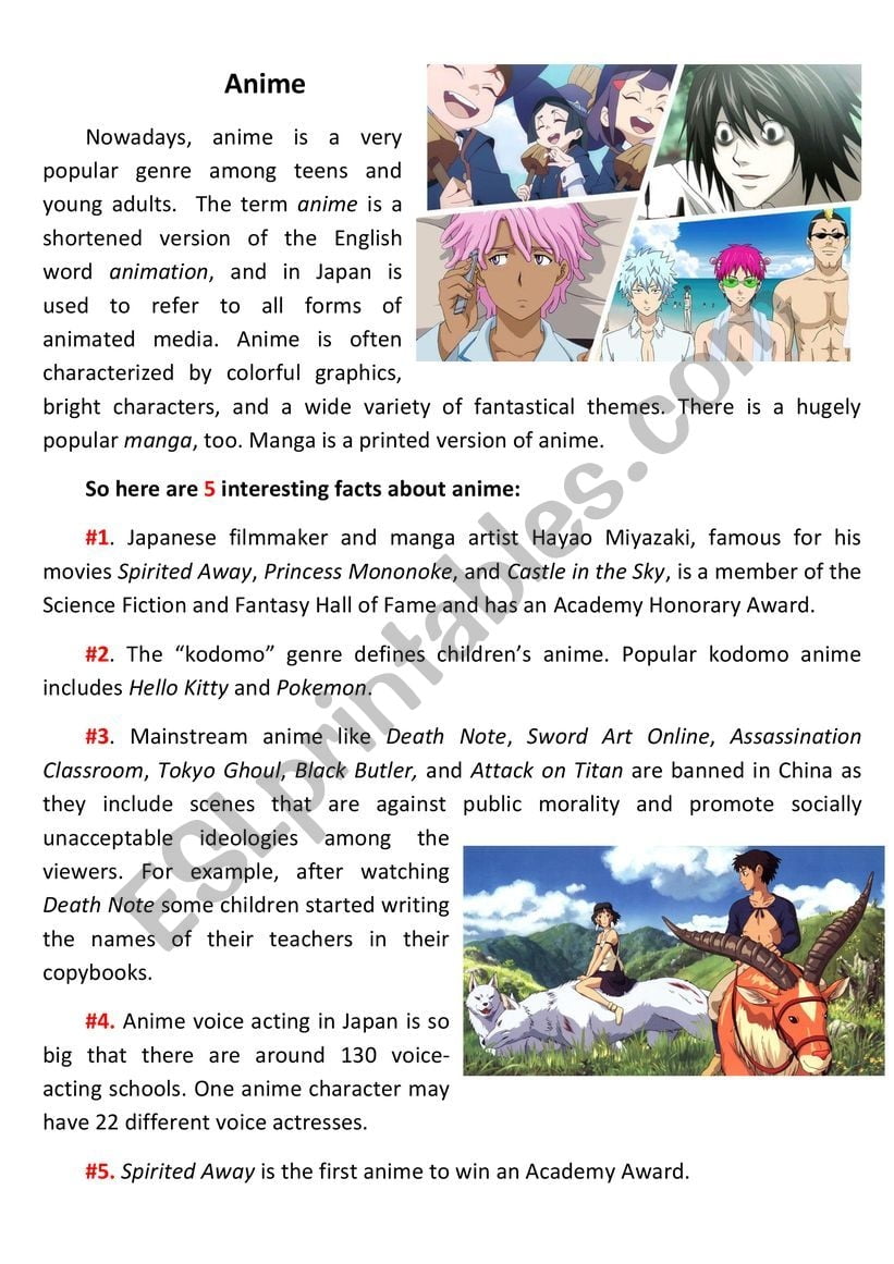 Anime Reading Matching Activity 2 Upper Intermediate ESL Worksheet By Anniellet