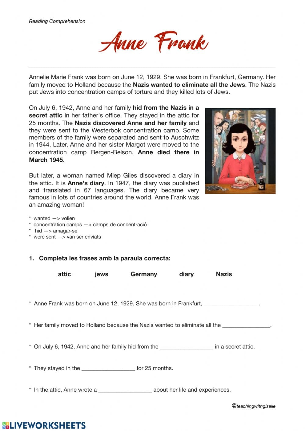 Anne Frank Interactive Worksheet