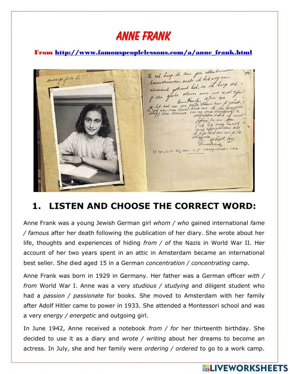Anne Frank READING LISTENING COMPREHENSION Worksheet