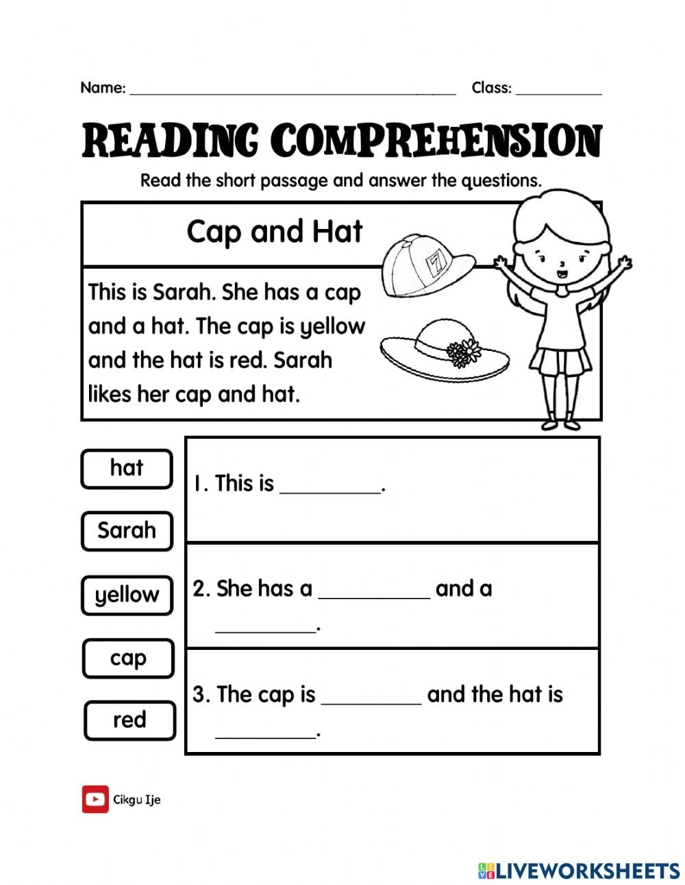 Cap And Hat Reading Comprehension Level 1 Worksheet