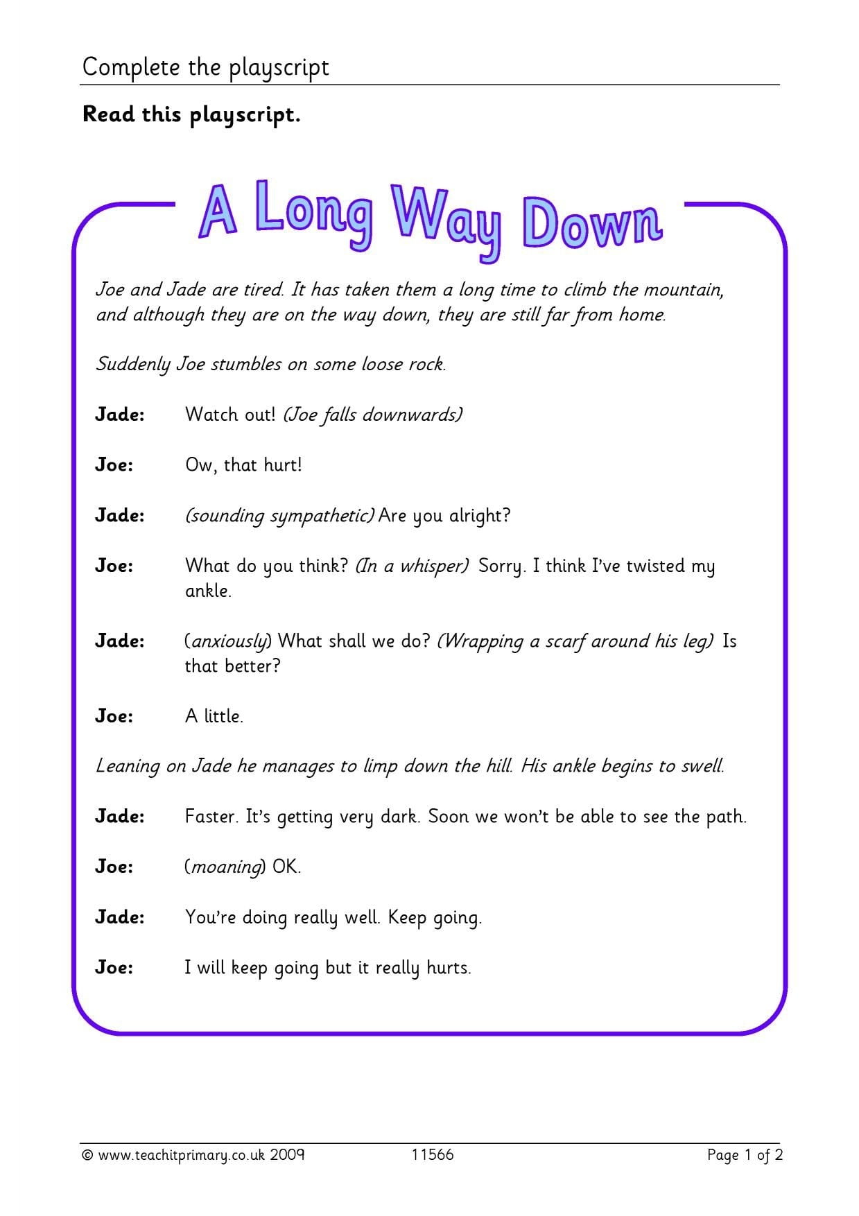 Play Script Reading Comprehension Worksheets