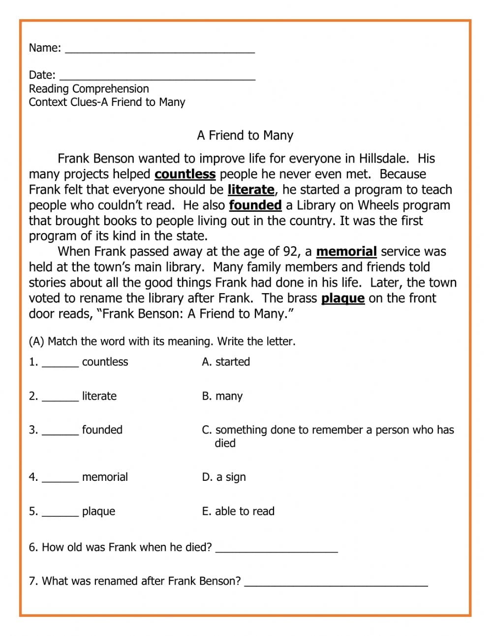 Context Clues Worksheet For 6