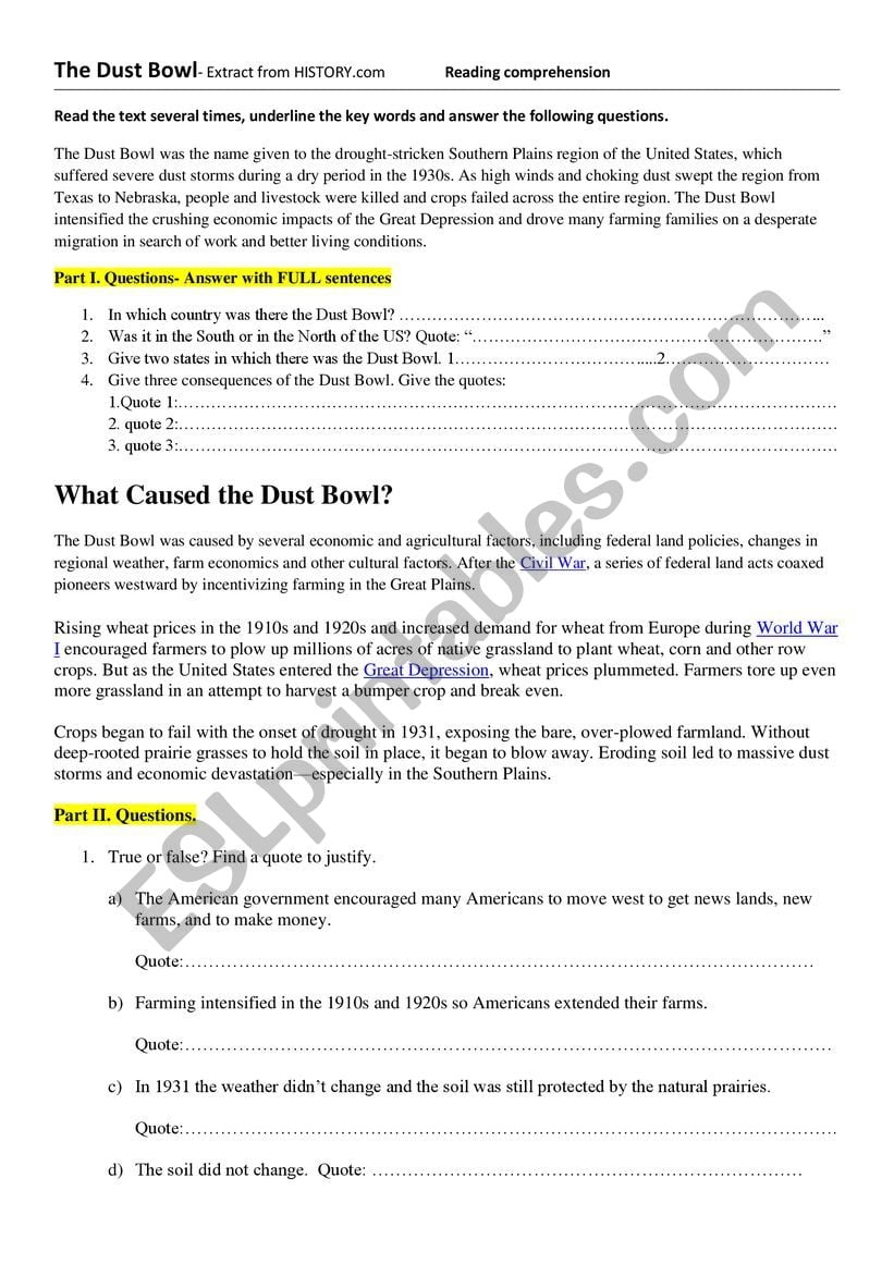 Dust Bowl Reading Comprehension Worksheets