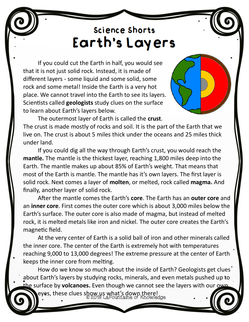 Layers Of The Earth Reading Comprehension Worksheets