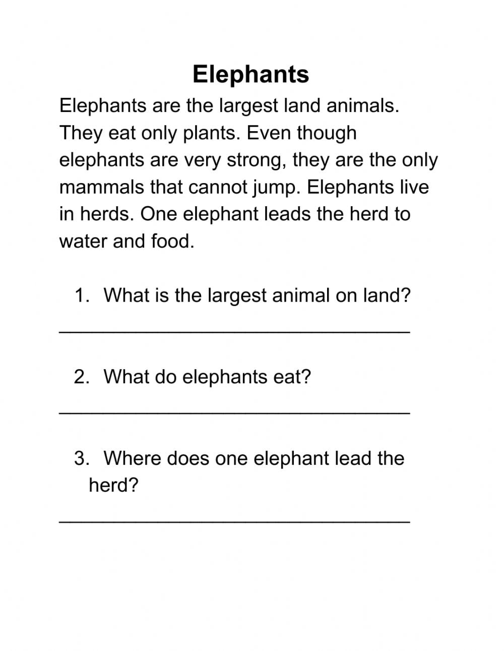Elephants Reading questions Worksheet