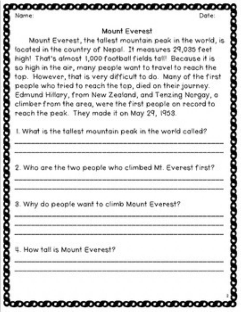 Reading Comprehension Open Ended Questions Worksheets