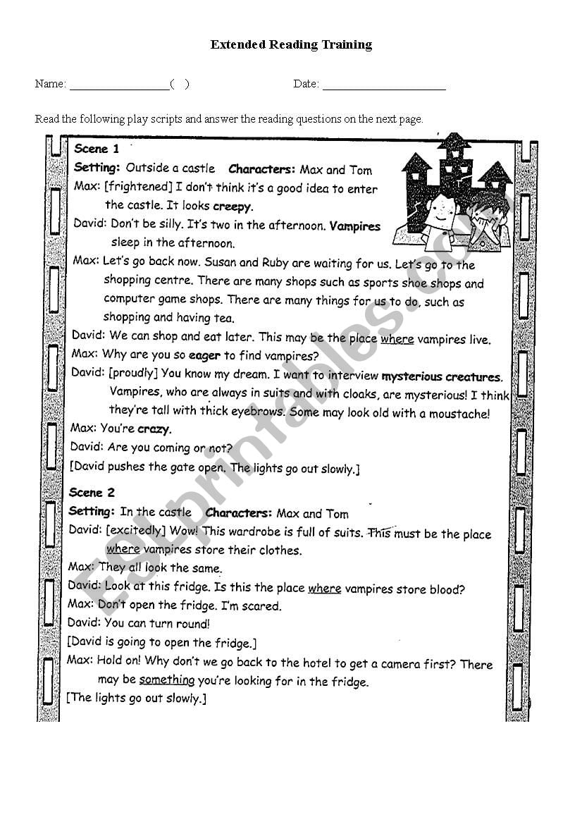 Play Script Reading Comprehension Worksheets