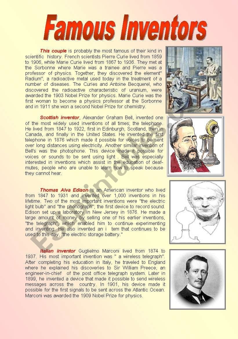 Famous Inventors Reading Comprehension ESL Worksheet By Profy2007