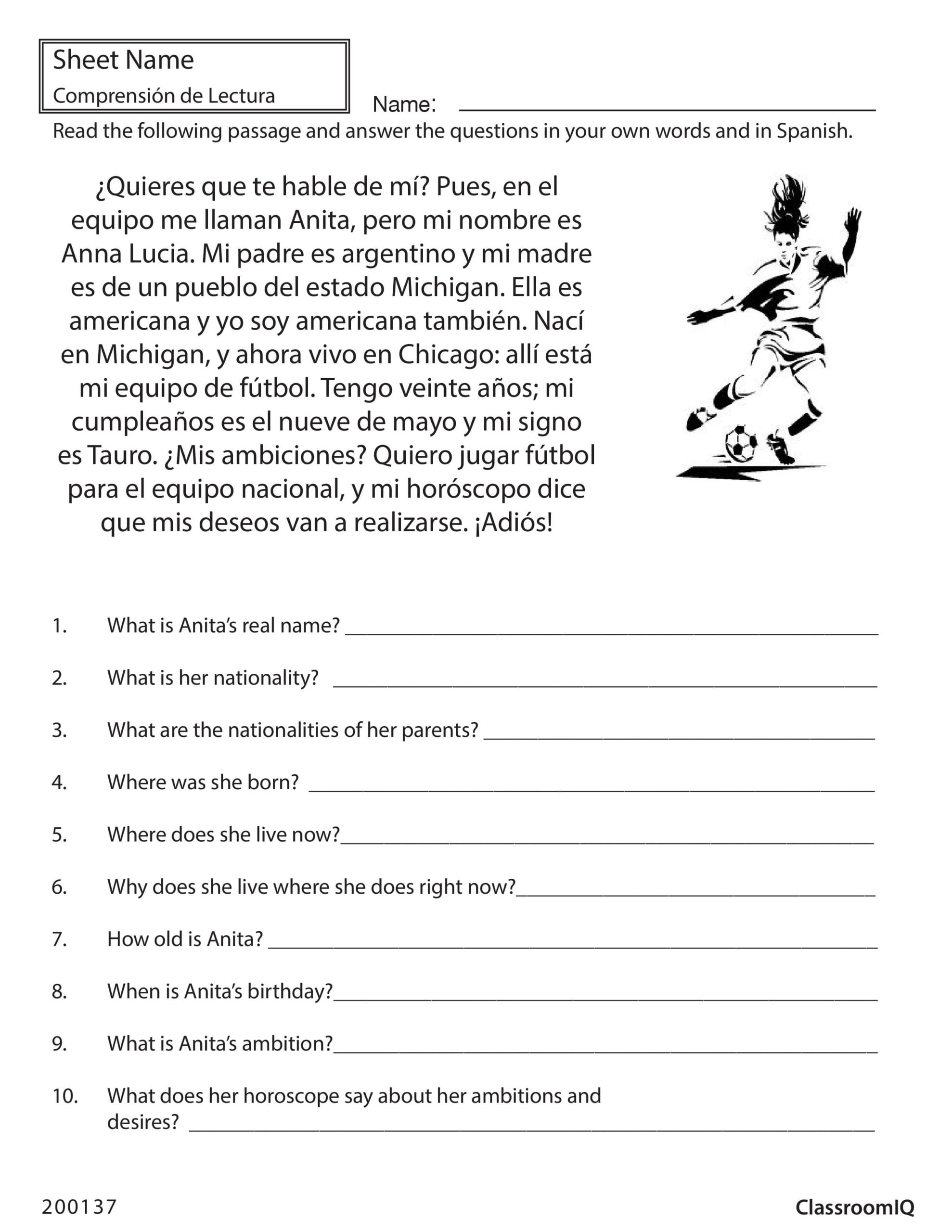 Simple Spanish Reading Comprehension Skills Worksheets