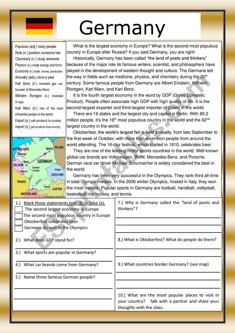 Germany Reading Comprehension Practice Exercises With Definitions ESL Worksheet By Teacherblake