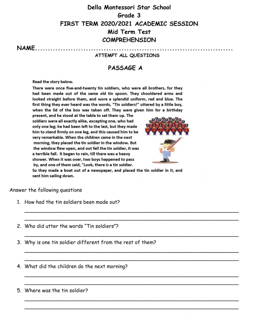 Grade 3 Comprehension Mid Term Test Worksheet