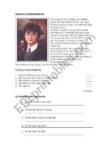 Harry Potter Reading Comprehension ESL Worksheet By Naty10503