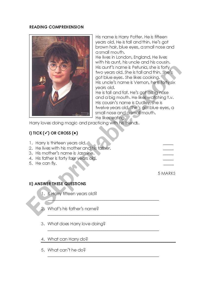Harry Potter Reading Comprehension ESL Worksheet By Naty10503