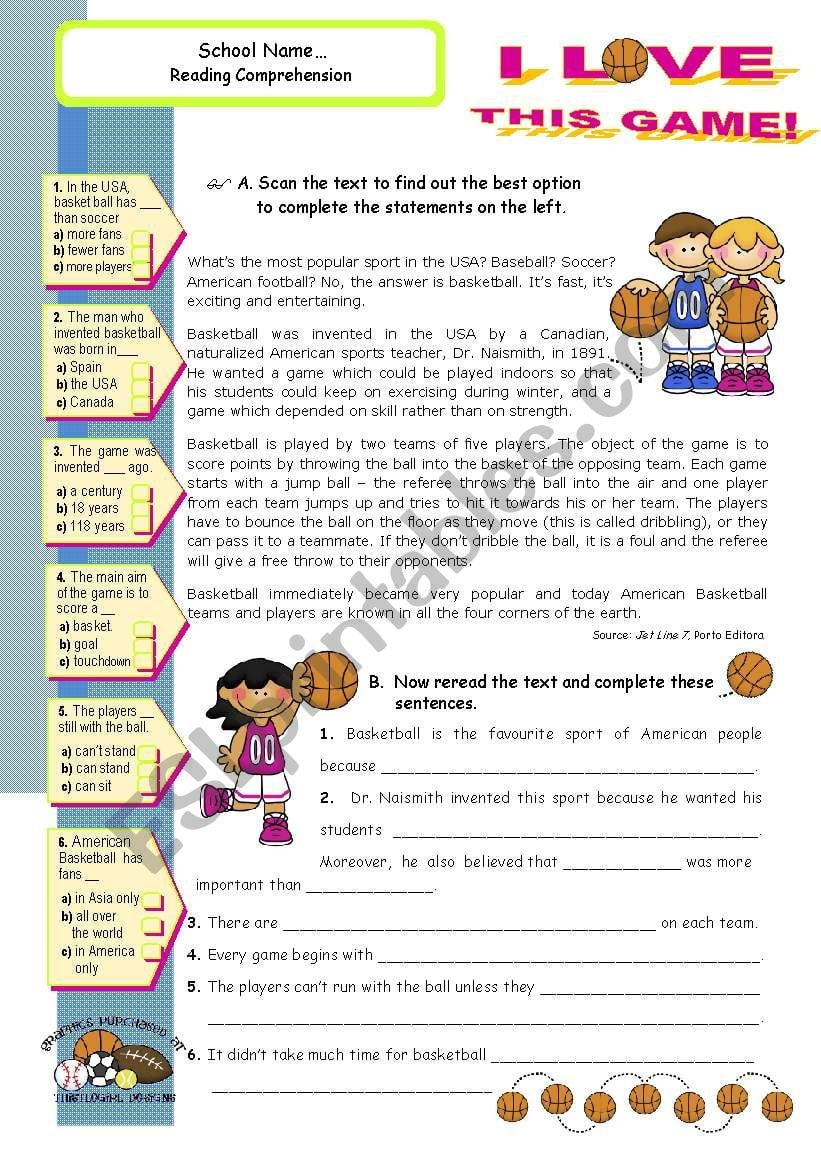 I Love This Game Reading Comprehension On Basketball For Upper Elementary And Lower Intermediate Students ESL Worksheet By Mena22