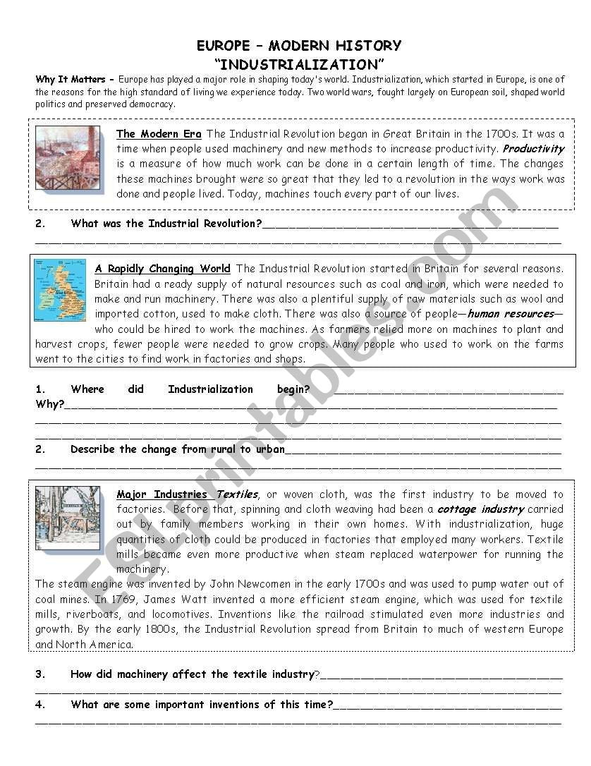 Industrial Revolution Reading Comprehension Worksheets Answers