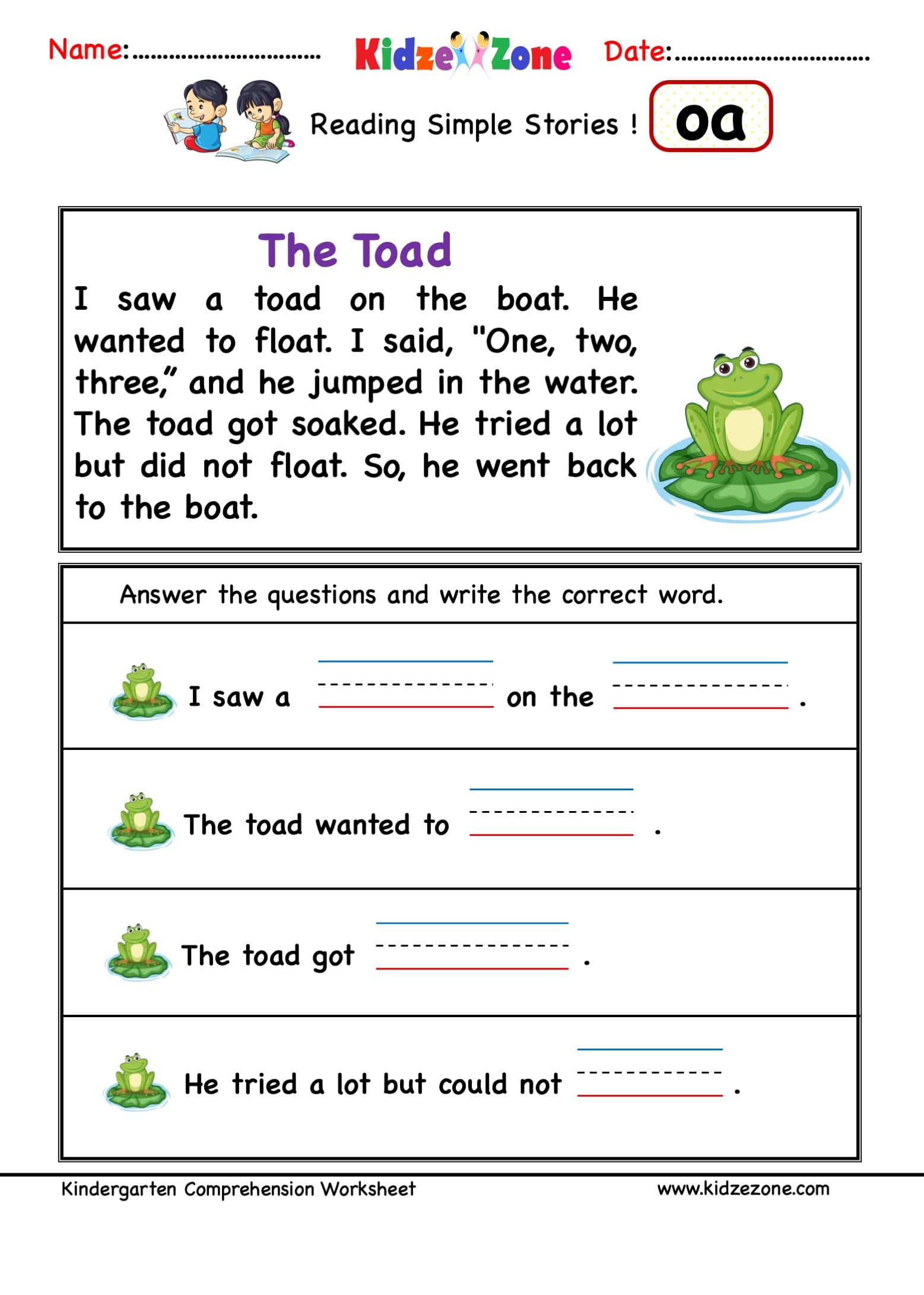 Kindergarten Oa Word Family Reading Comprehension