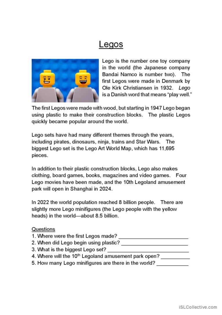 Legos reading Passage With Comprehe English ESL Worksheets Pdf Doc