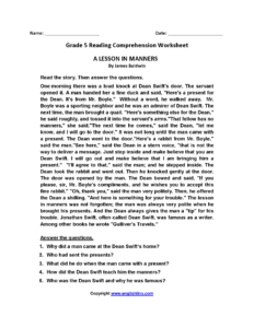 Lesson In Manners Fifth Grade Reading Worksheets Reading Comprehension Worksheets Comprehension Worksheets Reading Worksheets