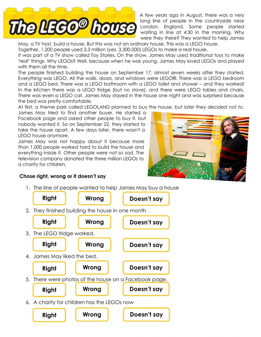 Past Simple Reading The Lego House Worksheet