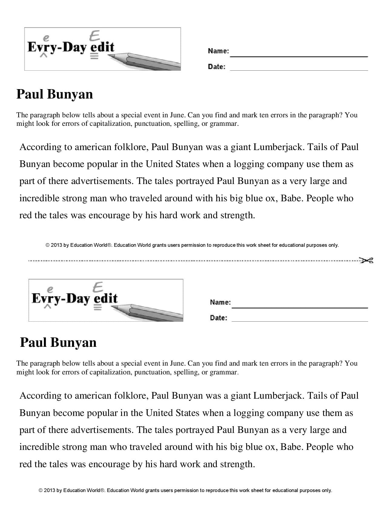 Paul Bunyan Reading Comprehension Worksheets