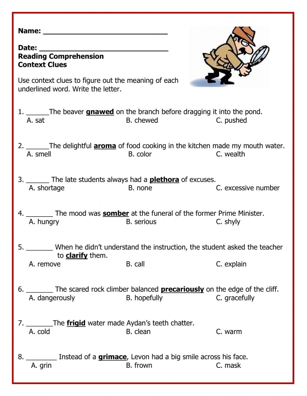 Context Clues Reading Comprehension Worksheets