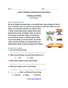 Pushing And Pulling Second Grade Reading Worksheets Reading Comprehension Worksheets 2nd Grade Reading Worksheets Comprehension Worksheets