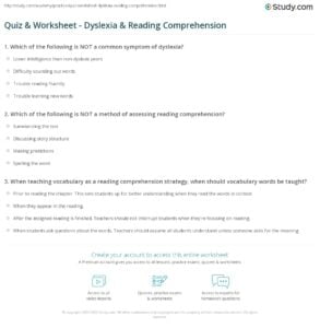 Quiz Worksheet Dyslexia Reading Comprehension Study