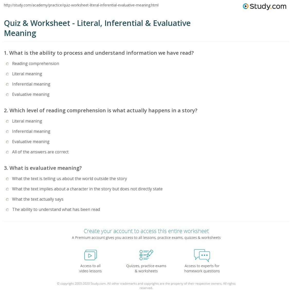 Quiz Worksheet Literal Inferential Evaluative Meaning Study