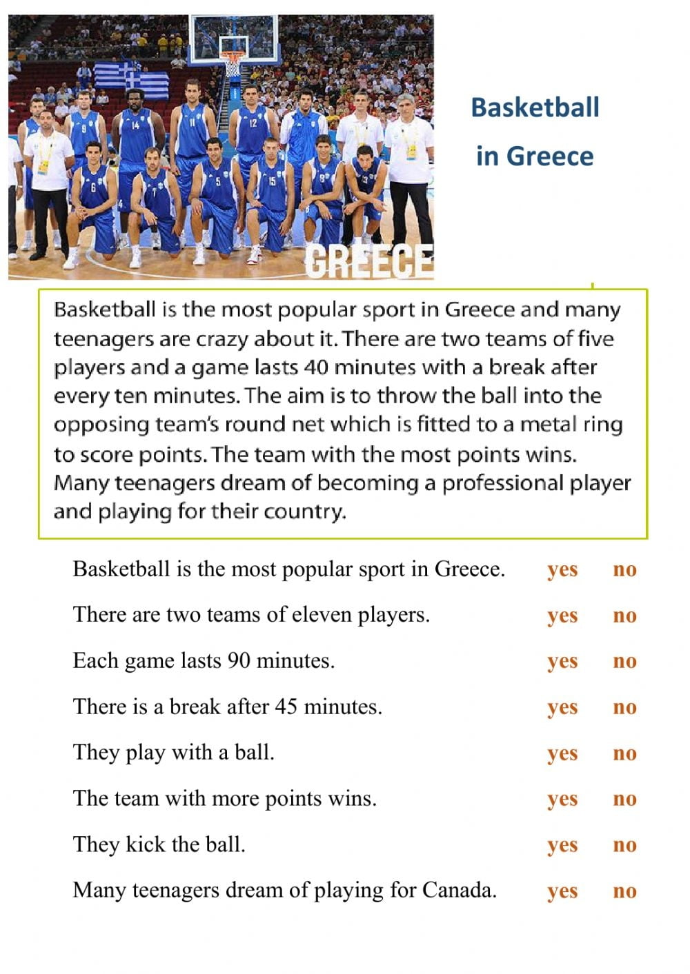 Reading Basketball In Greece Worksheet