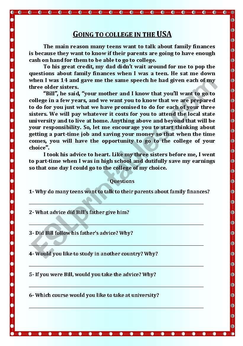 Reading Comprehension Going To College In The USA ESL Worksheet By Denise calazans