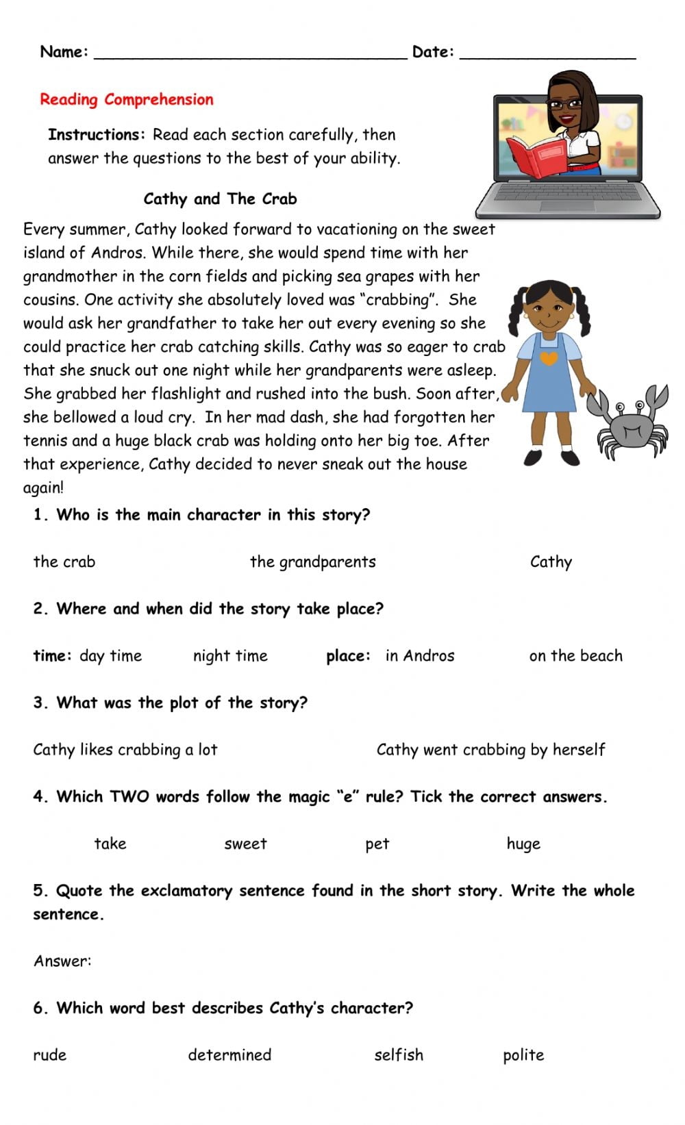 Reading Comprehension Worksheets With Answer Key