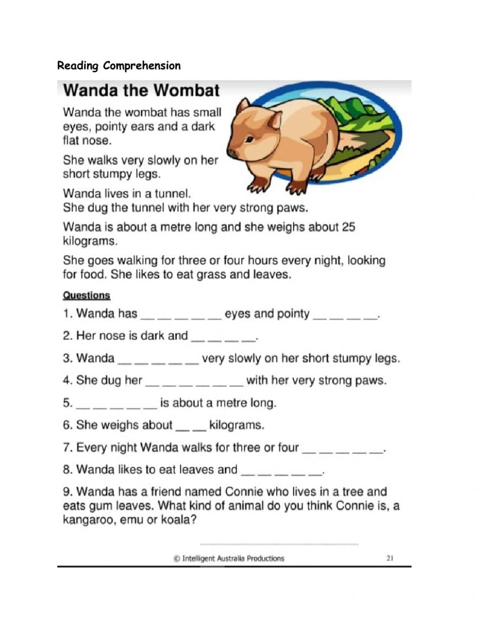 Free Reading Comprehension Worksheets Australia