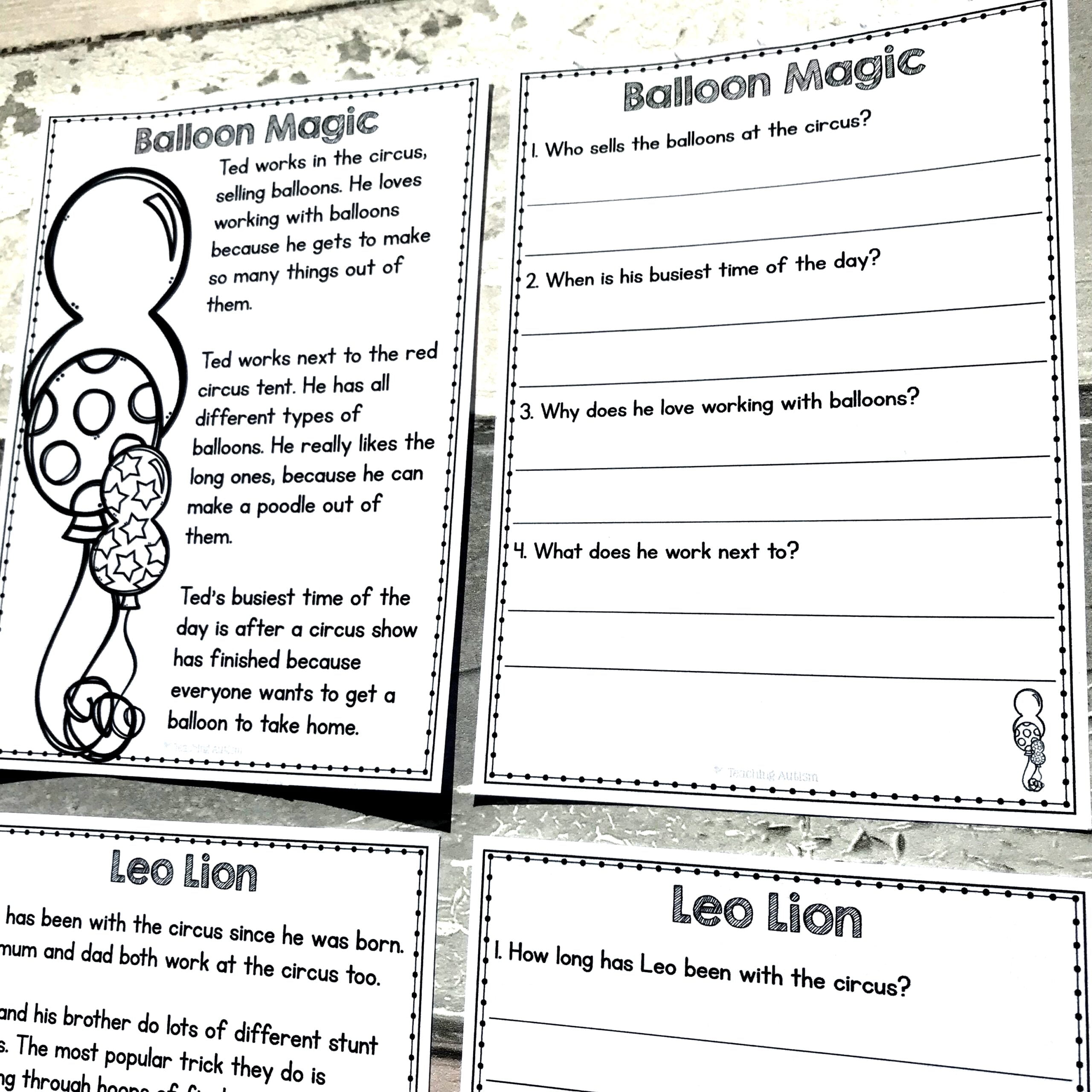 Reading Comprehension Passages And Questions Circus Teaching Autism