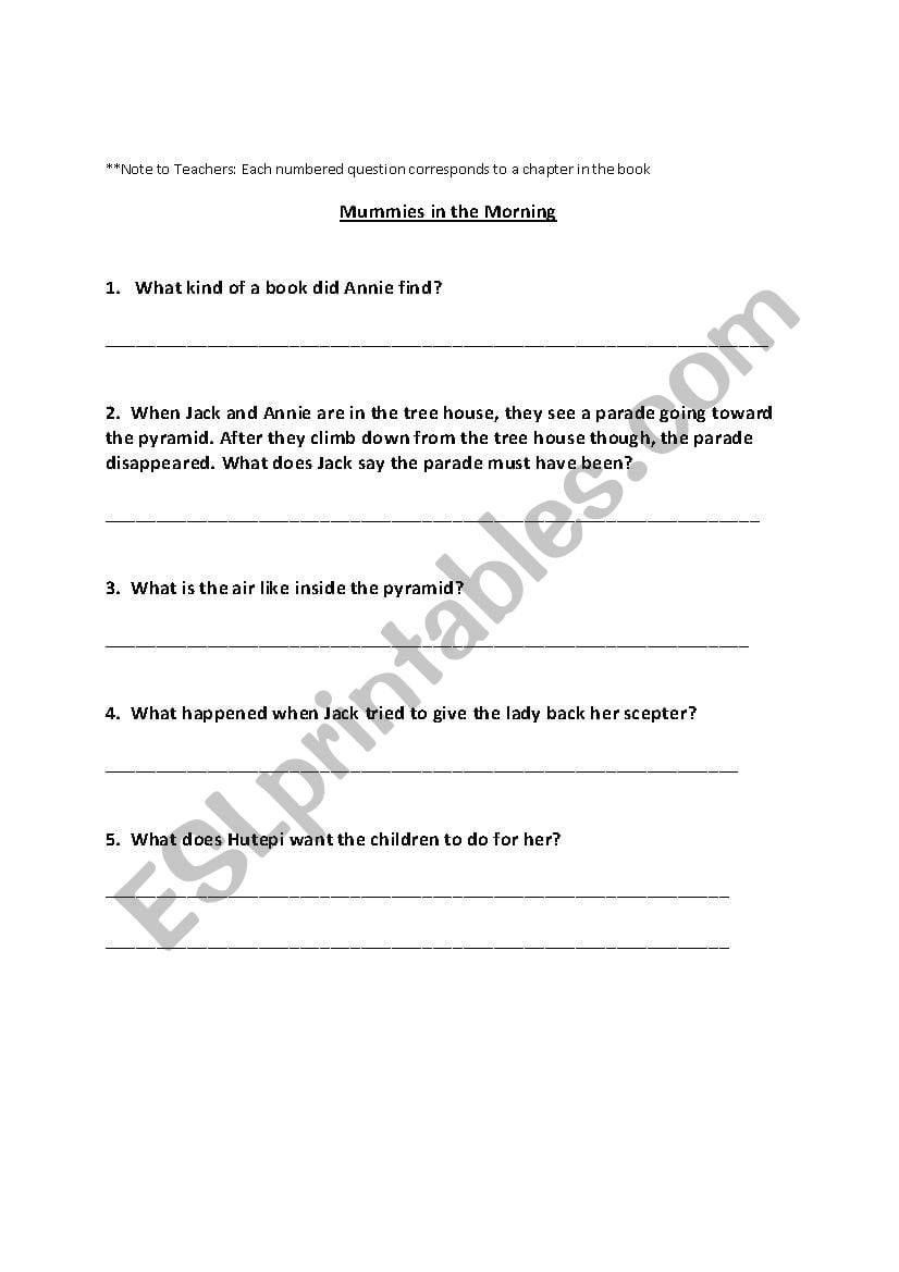 Reading Comprehension Questions For Magic Tree House Mummies In The Morning ESL Worksheet By Josh41