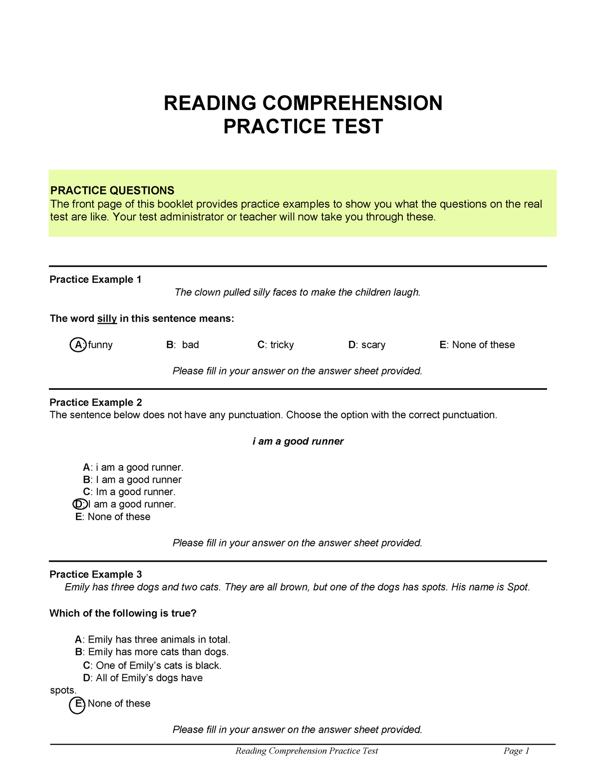 Reading Comprehension Practice Test Answers