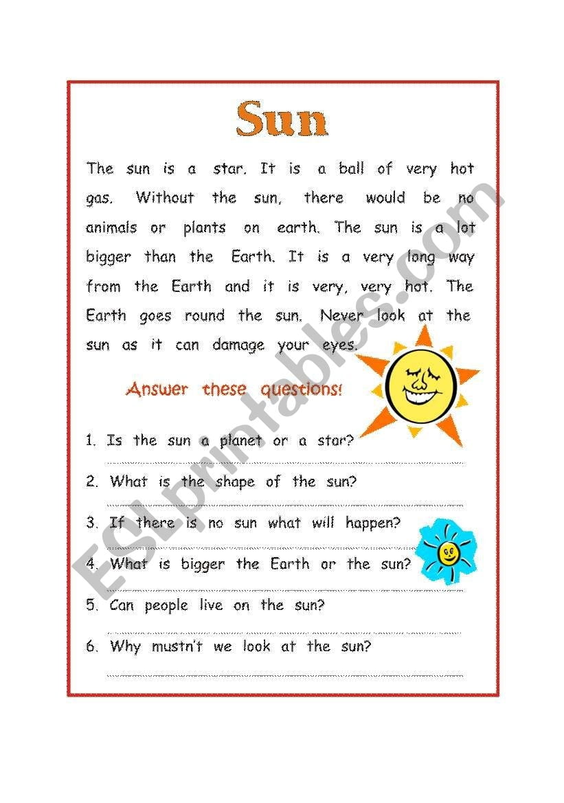 The Sun Reading Comprehension Worksheets