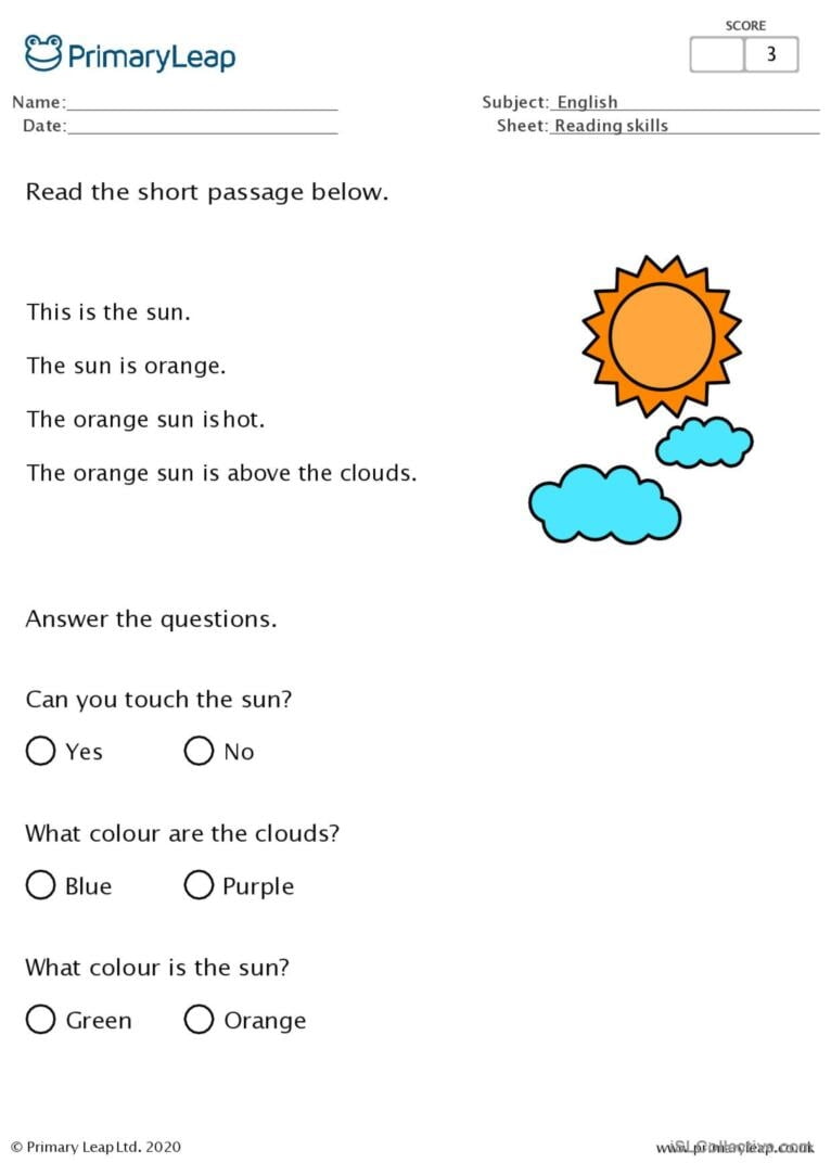 The Sun Reading Comprehension Worksheets