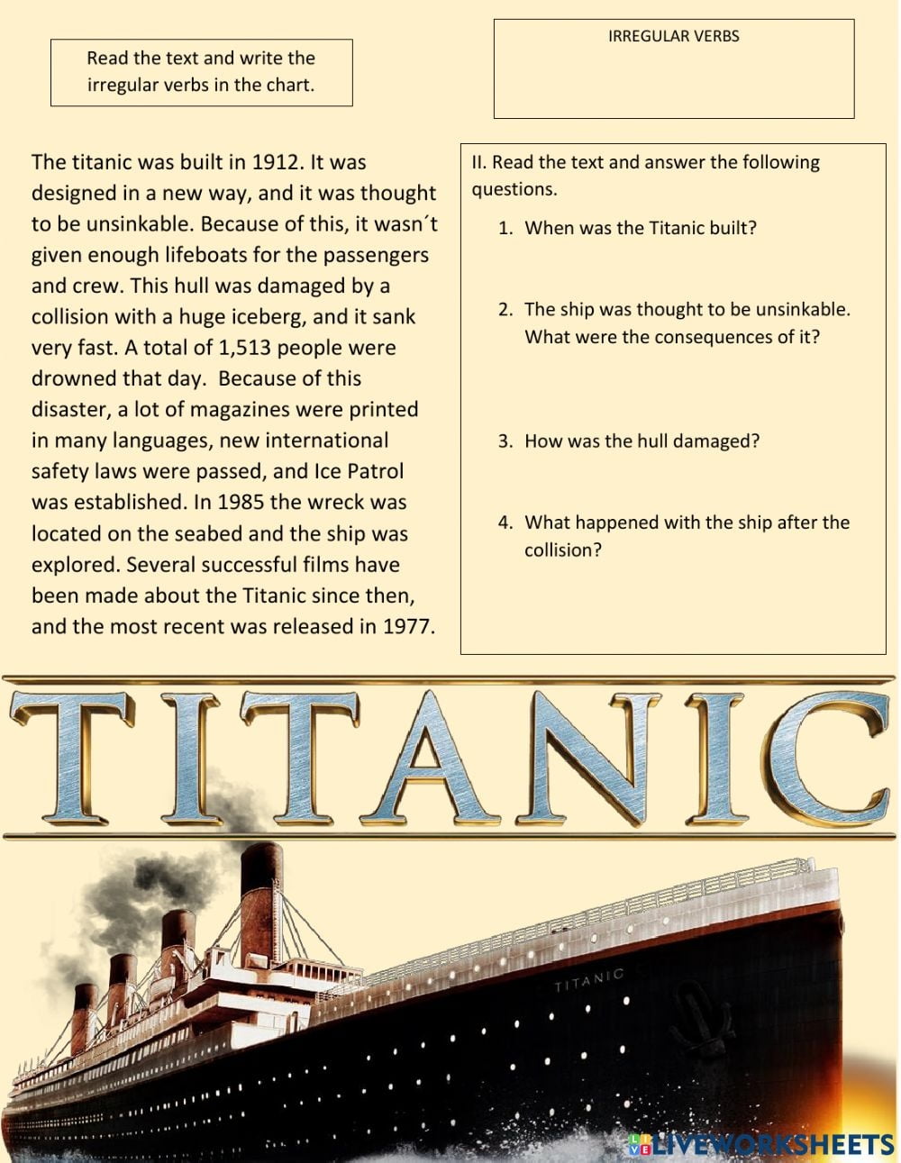 Titanic Reading Comprehension Worksheets
