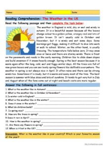 Reading Comprehension The Weather I English ESL Worksheets Pdf Doc